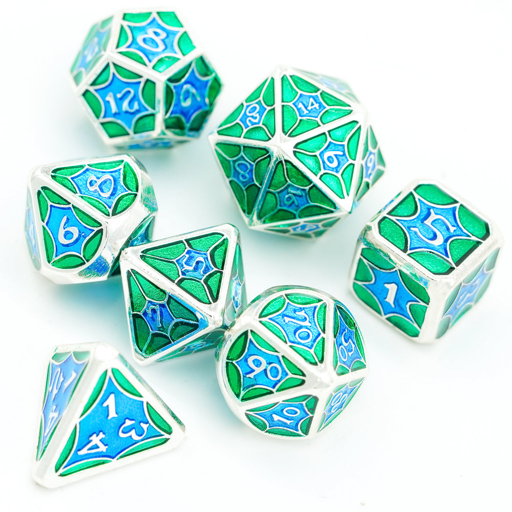 top view of the 7 piece turquoise shine dice set